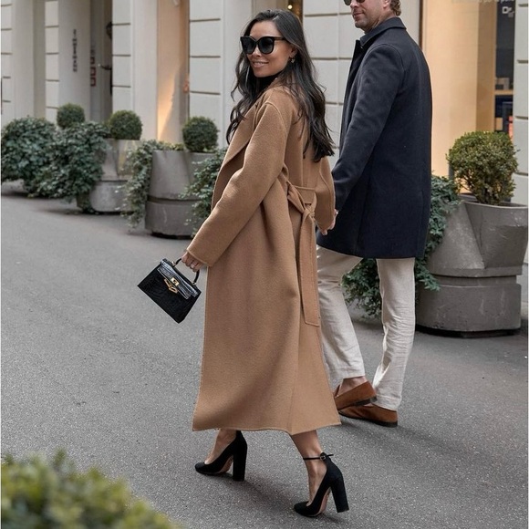 PALTO Tie-Waist Coat Belted Wrap Tan Color size 42 Italian Double Faced Wool - Picture 3 of 17